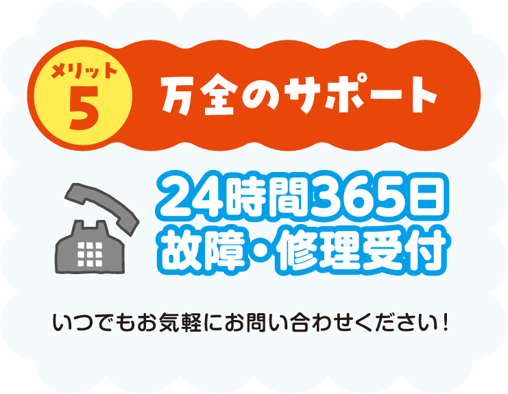 メリット5 万全のサポート 24時間365日故障・修理受付 いつでもお気軽にお問い合わせください！