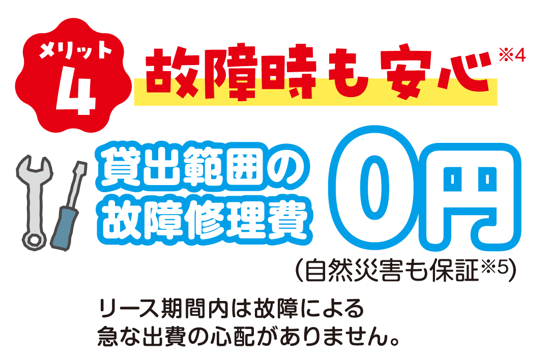 メリット4 故障時も安心※4 貸出範囲の故障修理費0円（自然災害も保証※5） リース期間内は故障による急な出費の心配がありません。