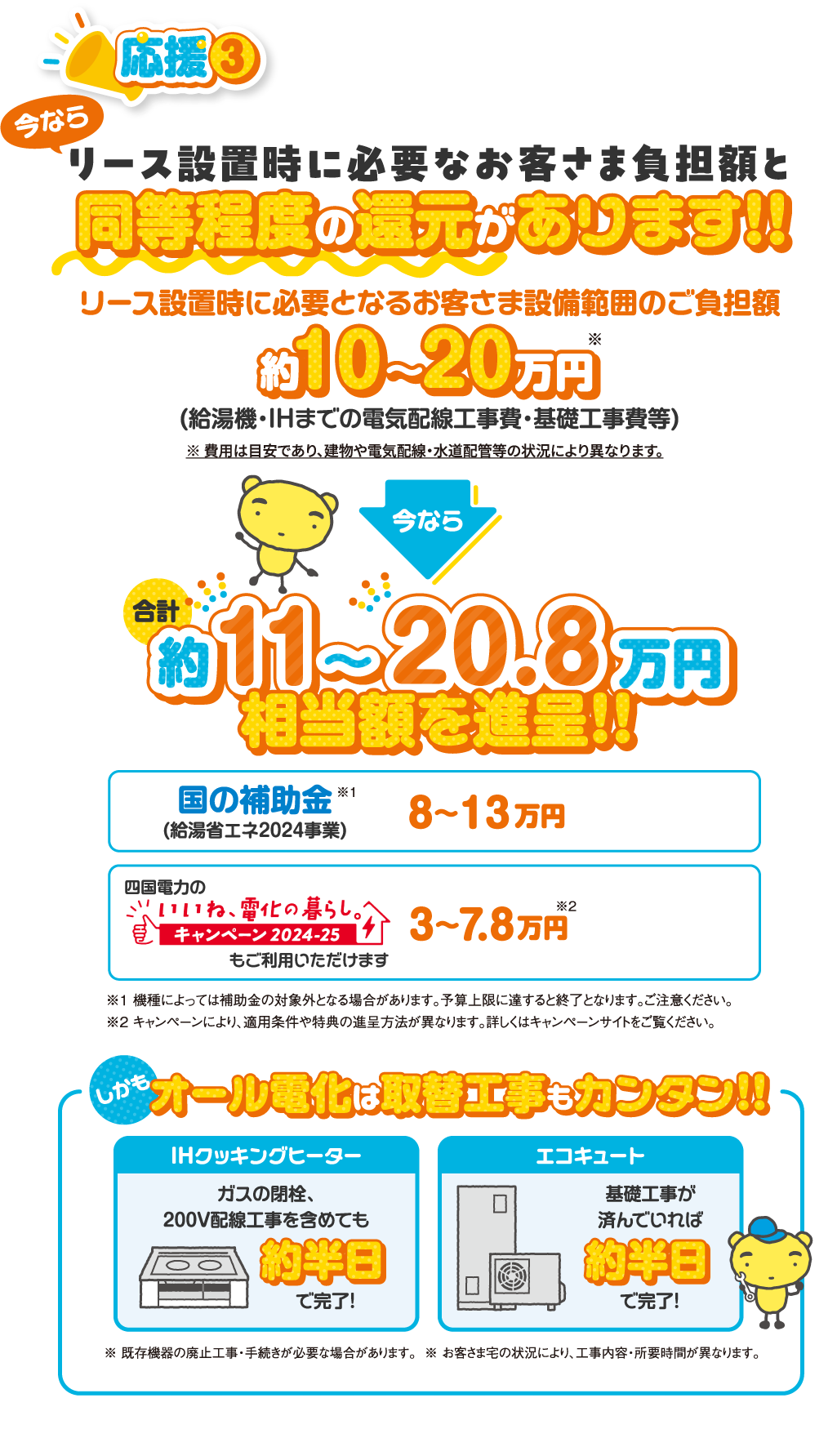 応援3 今ならリース設置時に必要なお客さま負担額と同等程度の還元があります！！